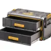 Black and yellow DeWalt DEW170706 TSTAK™ IV Toolbox (Shallow Drawer) featuring two open shallow drawers, a sturdy top handle, and side clips for stacking or attachment.