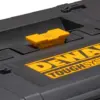 Close-up of a black DeWalt toolbox, highlighting the yellow latch with TOUGHSYSTEM embossed, plus yellow and orange DEWALT logos—showcasing a rugged design similar to the DeWalt DEW170706 TSTAK™ IV Toolbox (Shallow Drawer).
