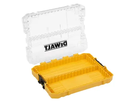The DeWalt DEW170706 TSTAK™ IV Toolbox (Shallow Drawer) features a yellow plastic case with a clear hinged lid and ribbed interior—perfect for organizing small tools or parts in your DeWalt toolbox system.