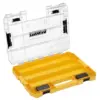A yellow and transparent DeWalt DEW170706 TSTAK™ IV Toolbox (Shallow Drawer) with a clear lid open, revealing two large compartments inside; black latches are visible on the sides and front.