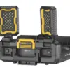A portable worklight with two adjustable LED panels mounted on a DeWalt DEW170706 TSTAK™ IV Toolbox (Shallow Drawer), featuring control buttons and a handle for easy transport.