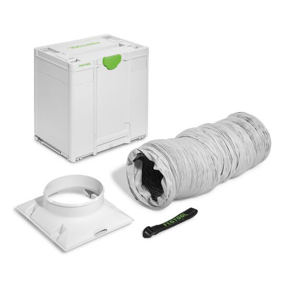 Accessories for the Festool Air Purifier SYS-AIR M—a white plastic storage case, flexible gray hose, white square adapter, and black Festool-branded strap—are shown on a white background.