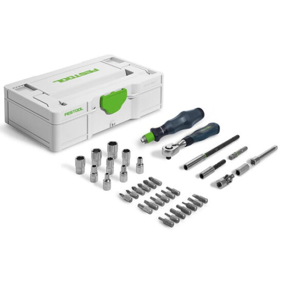 A white and green Festool tool box with its lid open displays socket wrenches, screwdriver bits, extension bars, and adaptors neatly in front—perfectly complementing the Festool Air Purifier SYS-AIR M.