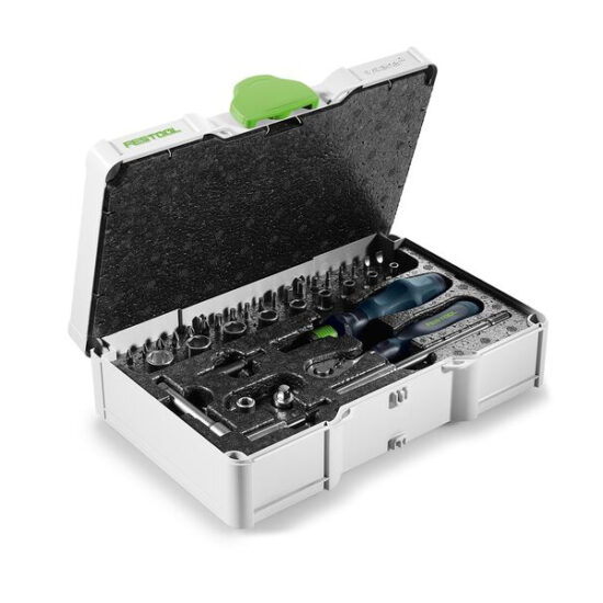 A white plastic case with a black foam insert holds screwdrivers, bits, and sockets, all organized for easy access—an ideal toolkit companion for the Festool Air Purifier SYS-AIR M.