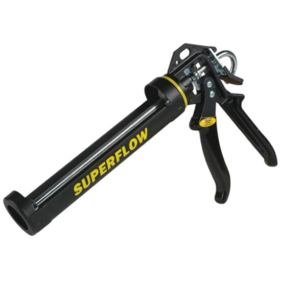 The Everbuild EVBSGSUPERF Superflow Sealant Gun C3 is a black sealant gun featuring a metal trigger and handle for applying sealants or adhesives.