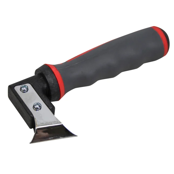 A handheld scraper tool with a black and gray ergonomic handle featuring red accents and a flat, metal blade attached at the end with two screws.
