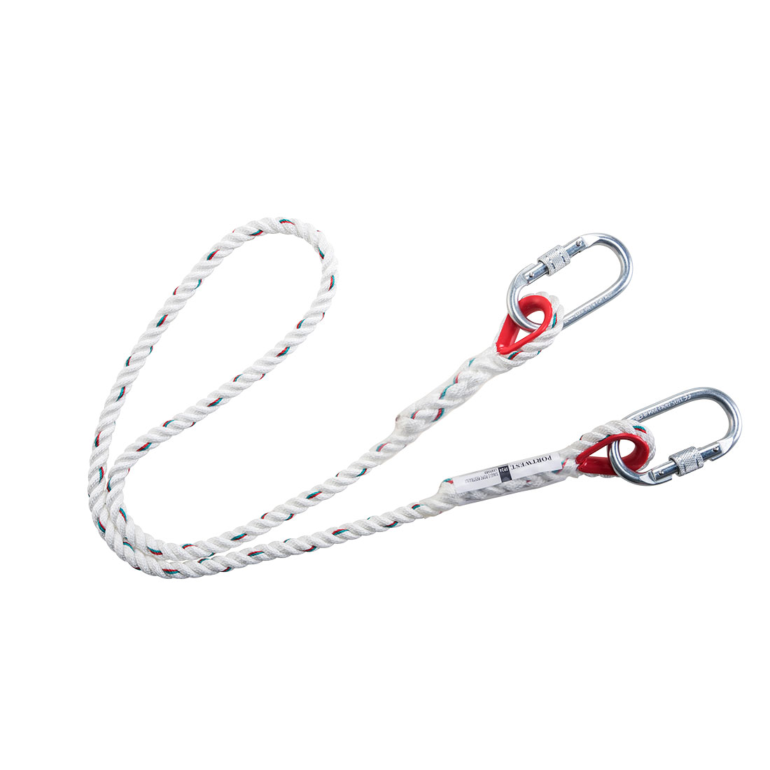 A white twisted rope lanyard with two metal carabiners attached to each end and red protective sleeves at the loops.