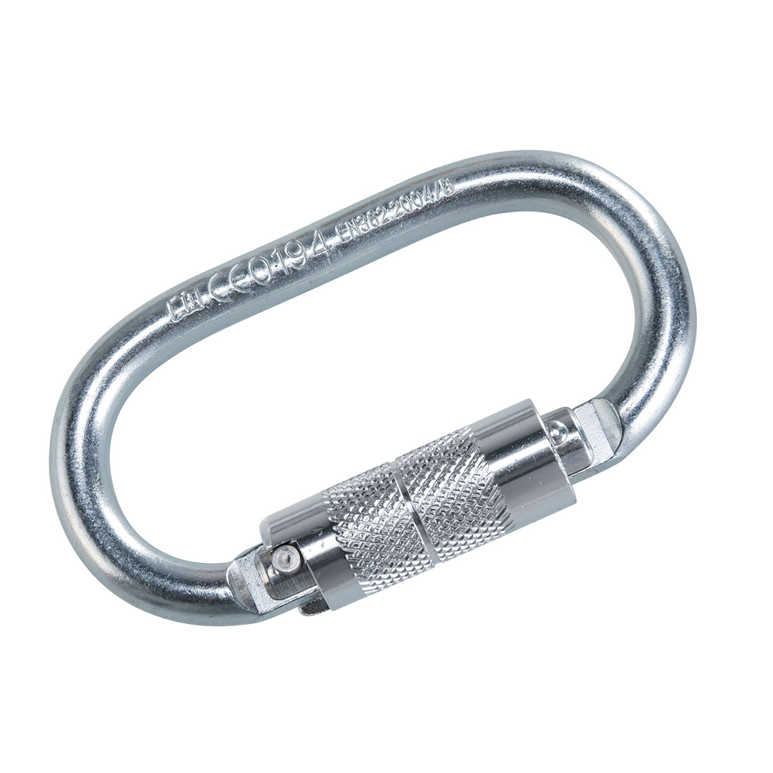 A silver metal oval carabiner with a screw-lock mechanism, photographed on a white background.