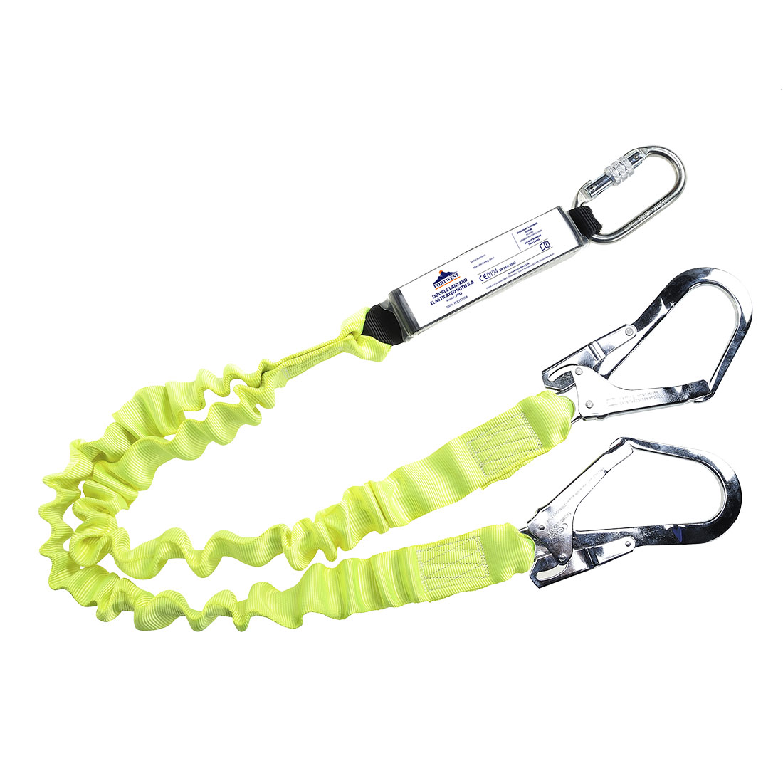 A yellow safety lanyard with a carabiner on one end and two large silver snap hooks on the other, used for fall protection in construction or industrial settings.