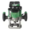 The Hikoki HIKM3612DAJP M3612DA/JPZ 1/4 & 1/2in Multi-Volt Router is shown from the front, featuring a green and black design with dual handles, transparent base, and adjustment gauge. Powered by a 36V 2.5Ah Li-ion battery for cordless use.
