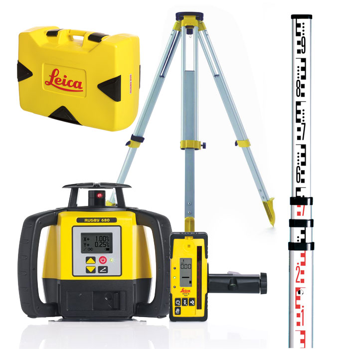 A Leica laser level kit with a yellow carrying case, a tripod, a digital level device, and a measuring rod, all arranged on a white background.