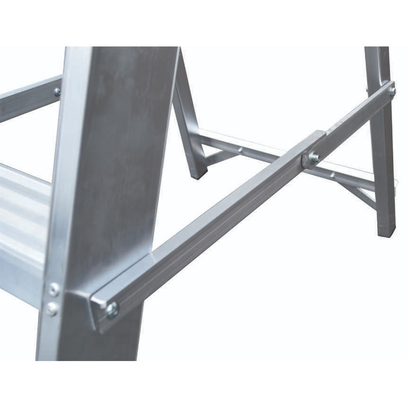 Close-up of the Lyte NBSBP Aluminium Platform Stepladder’s lower section, showing its support bar, legs, and visible bolts for extra stability and highlighting its robust aluminium construction.