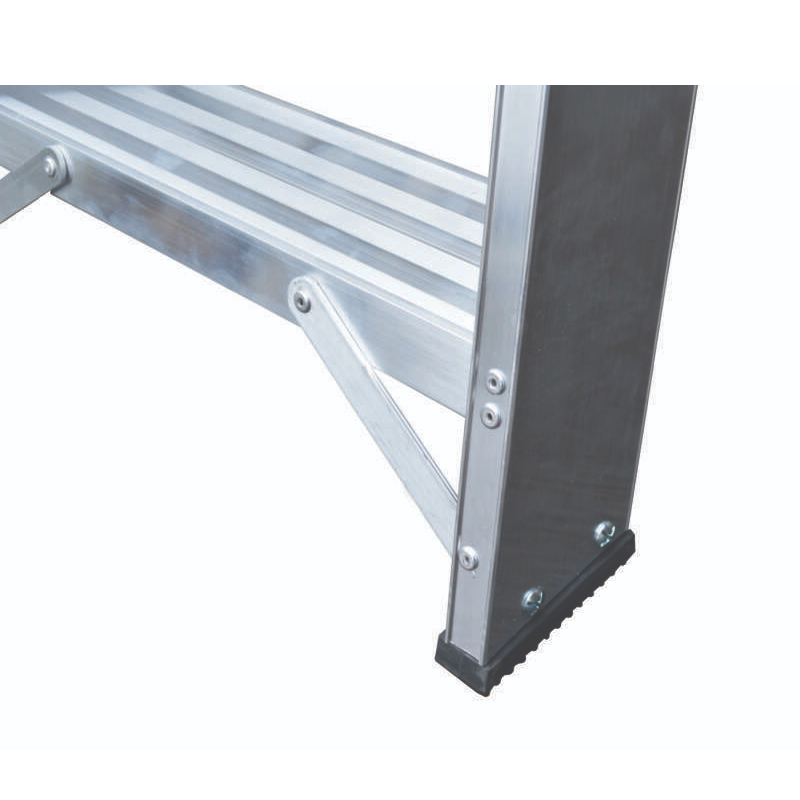 Close-up of the bottom section of a Lyte NBSBP Aluminium Platform Stepladder, highlighting the ribbed side rail, platform step, support bracket, and black rubber foot for enhanced grip and stability.