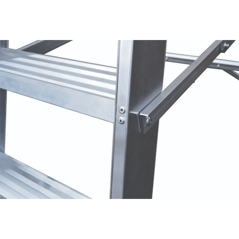 Close-up of the Lyte NBSBP Aluminium Platform Stepladder, showing its ribbed steps, shiny metallic finish, and a diagonal support bar designed for added stability.