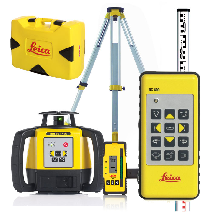 The Leica Rugby 640 & 20G Rechargeable Kit includes tripod, staff, RC400 remote, electronic displays, and a carrying case.