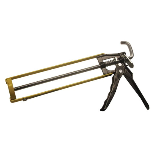The Roughneck ROU32210 Skeleton Type Caulking Gun, 280mm (11in), features a yellow frame with a black handle and is ideal for dispensing sealants or adhesives from tubes.