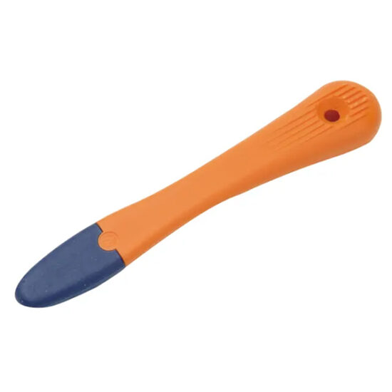 An orange and blue plastic spatula-like tool with a rounded tip and a hole near one end of the handle, commonly used for spreading or scraping.