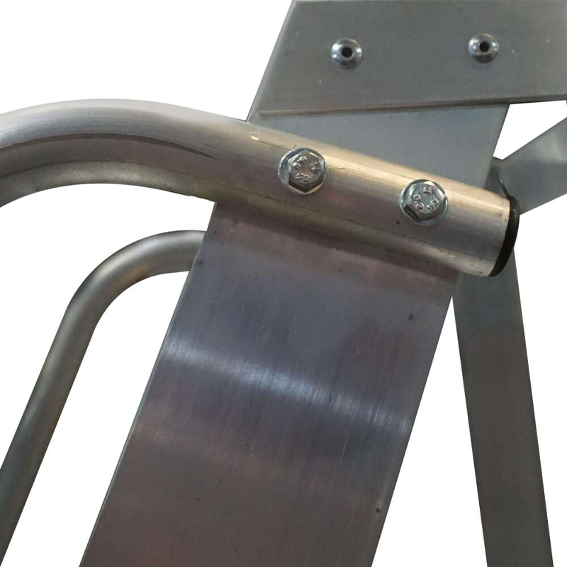 Close-up of the Lyte WS Aluminium Warehouse Steps showing two bolts securing a curved rail to a flat surface, highlighting the brushed aluminium texture with a partially visible background.