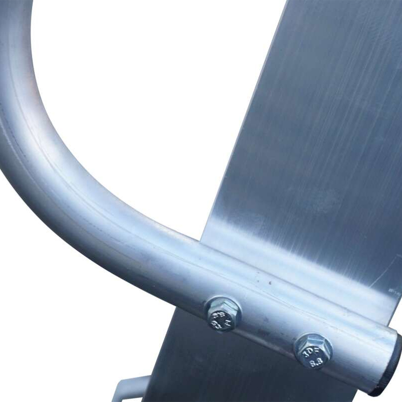 Close-up of two bolts securing a curved handle to a vertical support on the sturdy Lyte WS Aluminium Warehouse Steps, set against a bright, plain background.