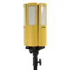 The Firthfull FPPCENTAURL Centaur Heavy-Duty 200W LED Site Light (110V) features a tall, cylindrical yellow body with three white LED panels on an adjustable black tripod—ideal for powerful job site illumination.