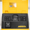 Close-up of a yellow and black Mirka DEOS 353CV sander, showing its control panel with buttons, icons, and a label displaying product information. The MIRKA brand name is visible on the front.