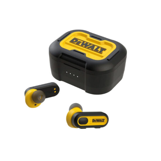 The DeWalt 1902092 DWE ProX1 Bluetooth Wireless Earbuds in black and yellow are pictured with their matching charging case, which displays the DEWALT logo on top.
