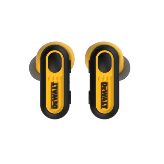 A pair of yellow and black DeWalt 1902092 DWE ProX1 Bluetooth Wireless Earbuds, each with the DEWALT logo, displayed against a white background. Includes charging case.