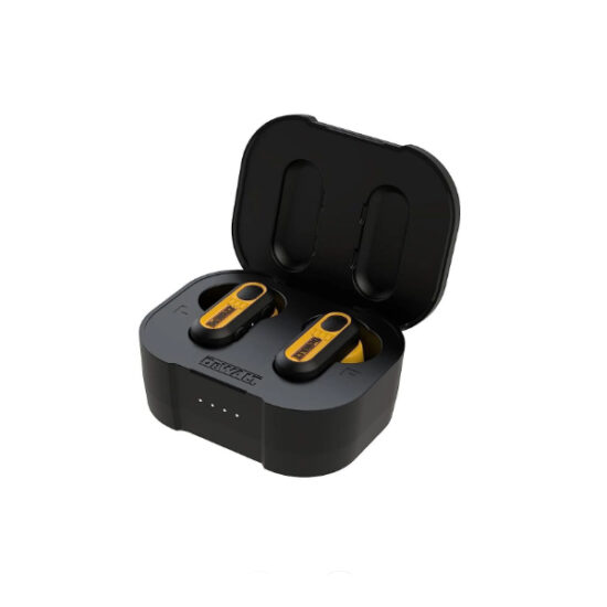 A pair of black and yellow DeWalt 1902092 DWE ProX1 Bluetooth Wireless Earbuds sit in an open charging case with four front LED indicator lights.