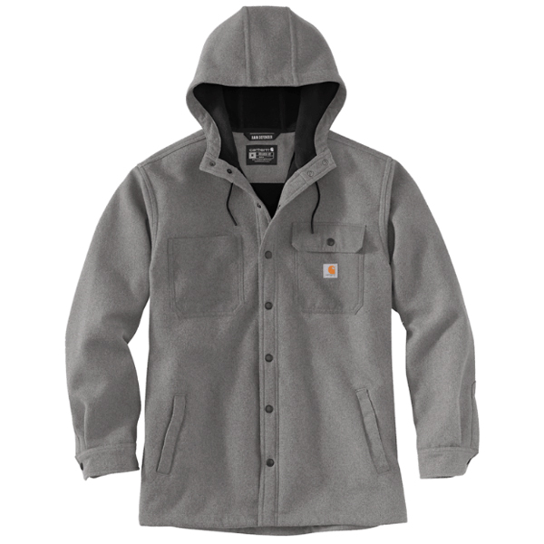 The Carhartt TJ5022 Relaxed Fit Heavyweight Hooded Shirt Jacket in Black Heather features snap buttons, a drawstring hood, adjustable cuffs, two chest pockets—one with a logo patch—and two side pockets for comfort and utility.