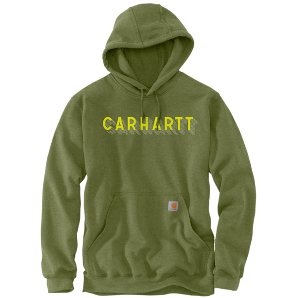 The Carhartt TS5944 Rain Defender LooseFit MidWeight Logo Sweatshirt in Chive Heather features a hood, front pocket, bold yellow CARHARTT chest logo, and water-repellent tech for comfort and dryness.