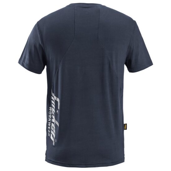 The Snickers 2511 LiteWork T-Shirt in navy is shown from the back, featuring a vertical white Snickers Workwear logo on the lower left side near the hem.