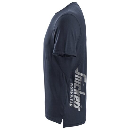 Side view of the Snickers 2511 LiteWork T-Shirt in navy, featuring Snickers Workwear printed vertically in white on the lower left side.