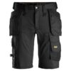 Snickers 6141 AllroundWork Stretch Shorts in Black feature multiple utility and holster pockets, tool loops, reinforced stitching for durability, and a visible Snickers Workwear logo on one pocket.