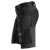Snickers 6141 AllroundWork Stretch Shorts in black, featuring multiple reinforced holster pockets and a flap pocket with a yellow logo patch, are shown from a side view against a white background.