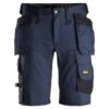 Snickers 6141 AllroundWork Stretch Shorts in black, featuring holster pockets, multiple storage options, tool loops, durable reinforcement patches, and a Snickers Workwear logo on one pocket.