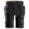 Snickers 6175 AllroundWork 4-Way Stretch Shorts in black feature multiple utility and holster pockets, including a zippered pocket, tool loops, reinforced stitching, and visible Snickers Workwear branding on the waistband and leg.