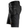 The Snickers 6175 AllroundWork 4-Way Stretch Shorts in Black feature reinforced holster pockets, a large zippered pocket, a side flap pocket, and multiple storage options for utility, durability, and comfort on the job.