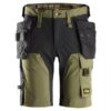 Snickers 6175 AllroundWork 4-Way Stretch Shorts in black offer holster pockets, multiple tool loops, reinforced areas, and a branded waistband—ideal for carrying tools on the job.