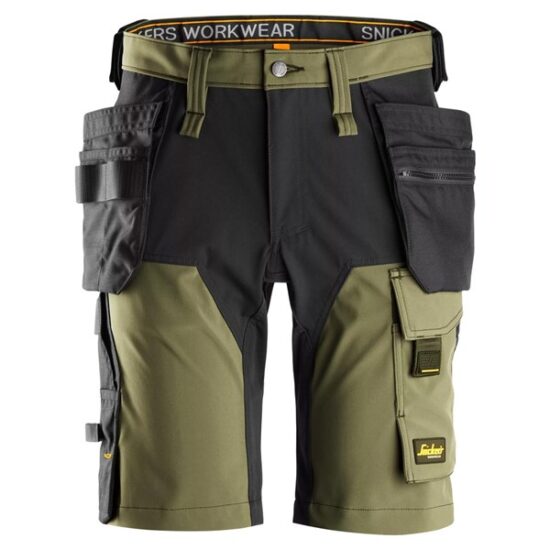 Snickers 6175 AllroundWork 4-Way Stretch Shorts in black offer holster pockets, multiple tool loops, reinforced areas, and a branded waistband—ideal for carrying tools on the job.