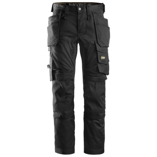 Black work pants with multiple pockets, knee pad sections, and reinforced stitching, designed for durability and utility. The pants are displayed upright against a white background.