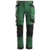 Snickers 6241 AllroundWork Stretch Trousers in Forest Green/Black with reinforced knees, multiple utility and holster pockets, zip fly with button closure. Pants shown upright against a white background.