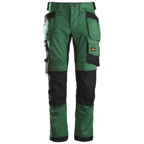 Snickers 6241 AllroundWork Stretch Trousers in Forest Green/Black with reinforced knees, multiple utility and holster pockets, zip fly with button closure. Pants shown upright against a white background.