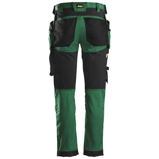 Back view of Snickers 6241 AllroundWork Stretch Trousers Holster Pockets in Forest Green Black, featuring multiple holster pockets and reinforced sections for added durability and utility.