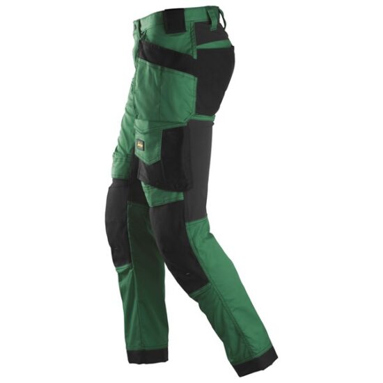 Snickers 6241 AllroundWork Stretch Trousers in Forest Green/Black feature reinforced knee and leg patches, holster pockets, and durable stitching; side view on a white background.