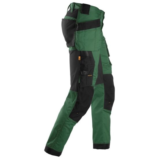 Snickers 6241 AllroundWork Stretch Trousers Holster Pockets in forest green and black, featuring multiple holster pockets plus reinforced knee and thigh areas, displayed side view on a white background.
