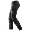 Side view of a pair of black work pants with multiple pockets and reinforced knees, designed for durability and utility.