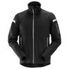 The Snickers 8004 AllroundWork, 37.5® Fleece Jacket in Black features a sleek, fitted design with a high collar, white zipper, sleeve pocket, white arm accents, and two zippered side pockets for added convenience.