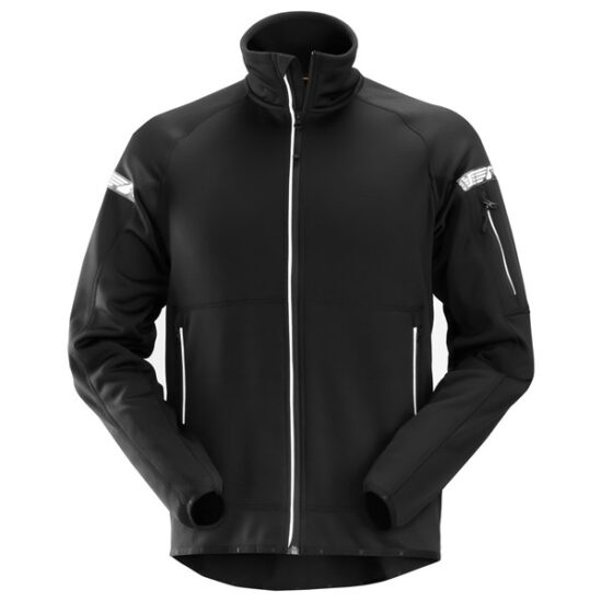 The Snickers 8004 AllroundWork, 37.5® Fleece Jacket in Black features a sleek, fitted design with a high collar, white zipper, sleeve pocket, white arm accents, and two zippered side pockets for added convenience.