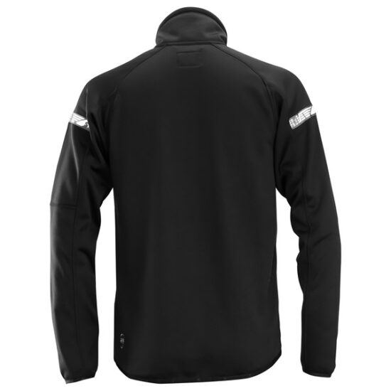 The Snickers 8004 AllroundWork, 37.5® Fleece Jacket in black features a fitted design, reflective strips on both upper sleeves, a high collar, and no visible logos or patterns apart from the reflective elements.