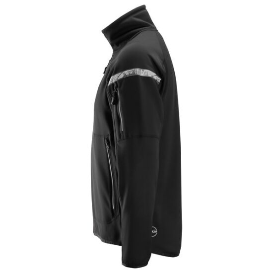 Side view of a Snickers 8004 AllroundWork, 37.5® Fleece Jacket in black with zippered pockets and a horizontal reflective strip on the upper sleeve.